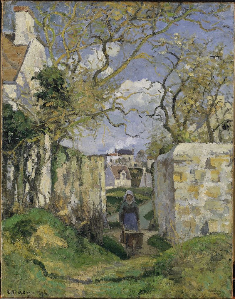 Paisagem de Pontoise, óleo sobre tela de Camille Pissarro, apresentando um rio e folhagem exuberante.