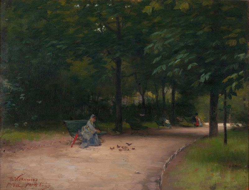 Mulher alimentando pássaros em um parque, óleo sobre tela de Paul Peel
