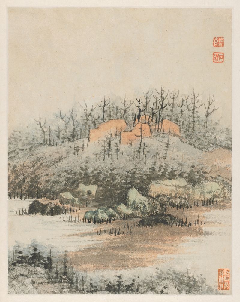 Ink on paper by Shitao depicting the Qinhuai River landscape