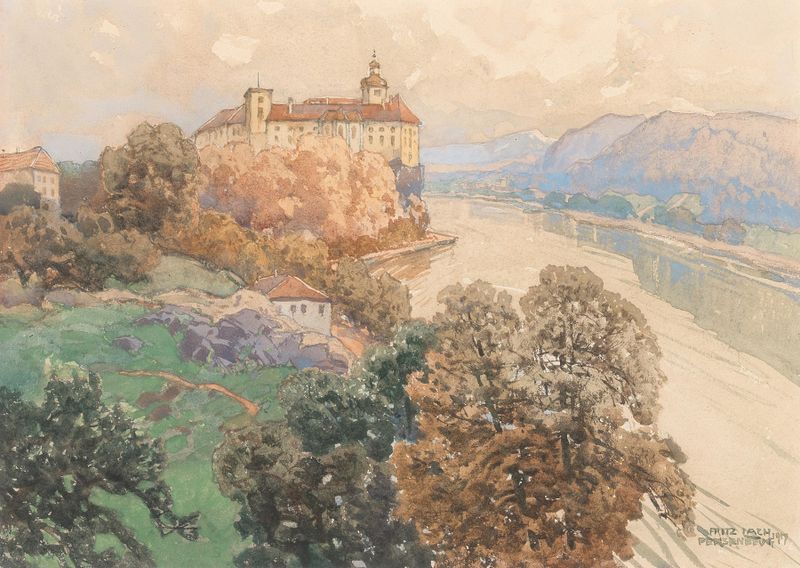 Uma vista do castelo de Persenbeug, óleo sobre tela de Fritz Lach