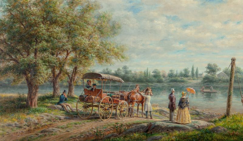 Waiting at the Ferry, oil painting by Edward Lamson Henry, depicting figures at a dock.