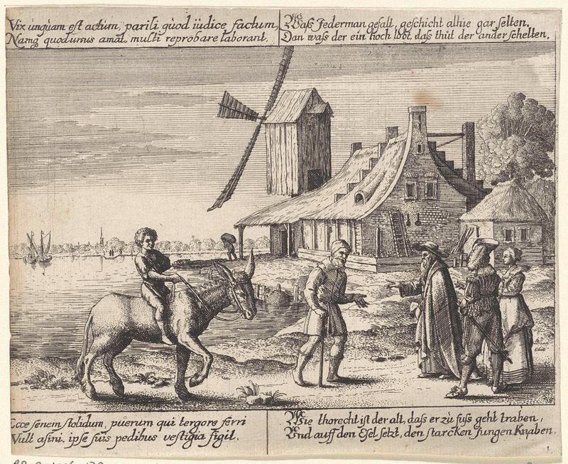 Grabado de Wenceslaus Hollar que muestra a un granjero y un niño en un burro