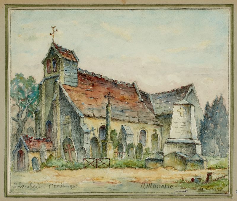 Pintura al óleo de paisaje de Georges-Henri Manesse que muestra una iglesia y un cementerio