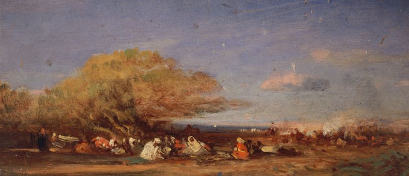Pintura al óleo de Félix Ziem que muestra ruinas contra un vibrante atardecer.