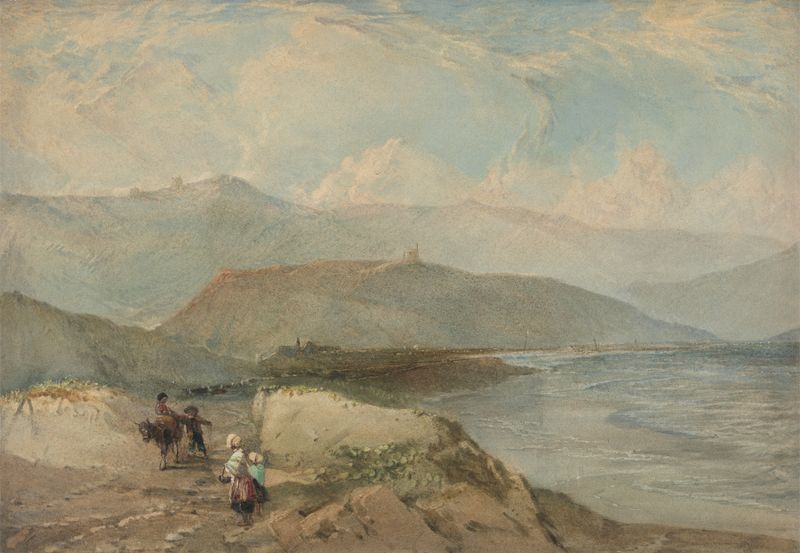 Paisaje costero óleo de Frank William Warwick Topham que muestra olas y costa rocosa