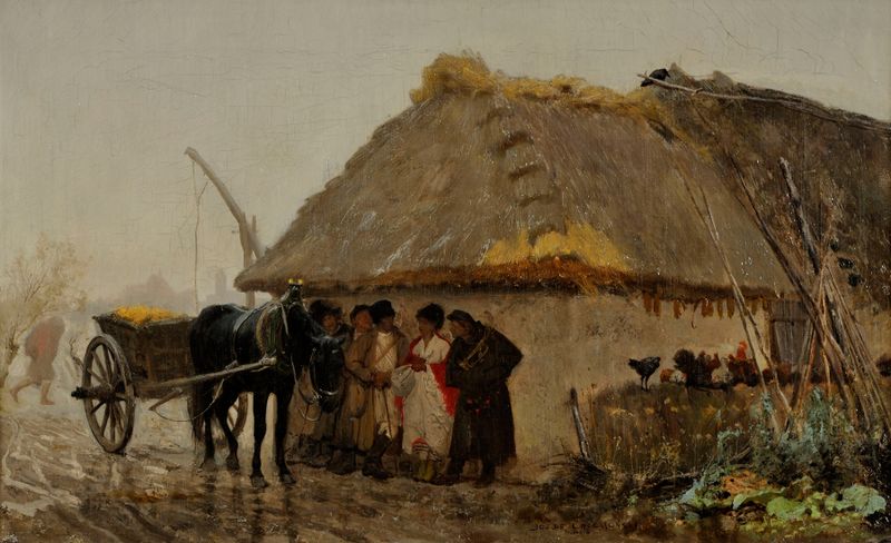 Antes de la Lluvia de Jozef Chelmonski, óleo sobre lienzo que representa un prado con una figura bajo nubes oscuras.