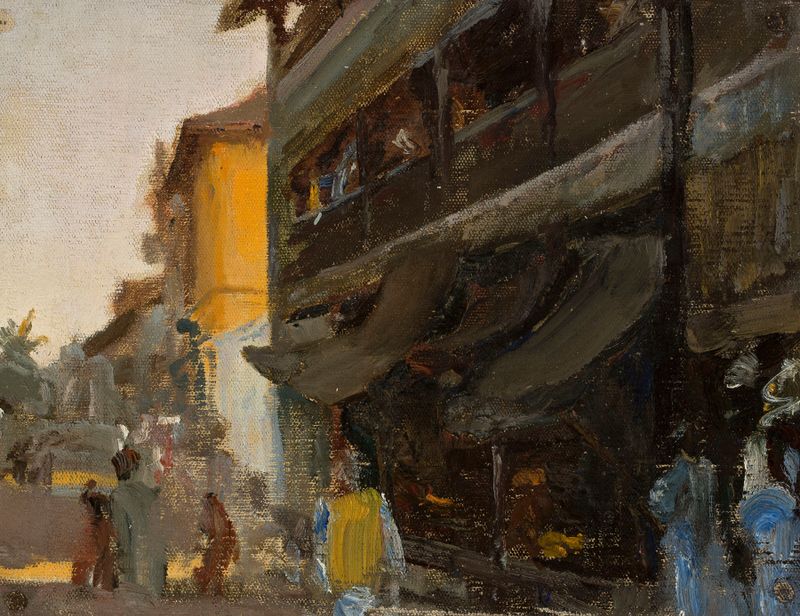 Escena de género de la vida callejera en Mumbai por Jan Ciągliński, pintura al óleo