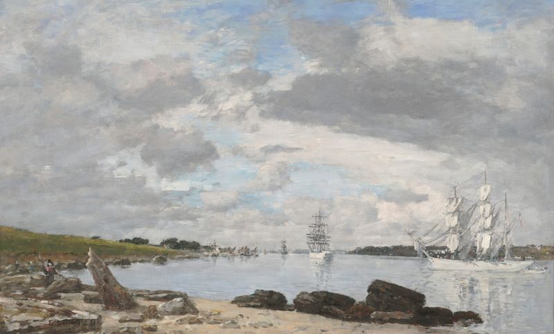 Cena marinha da Baía na Foz do Rio Elorn de Eugène Boudin, pintura a óleo.