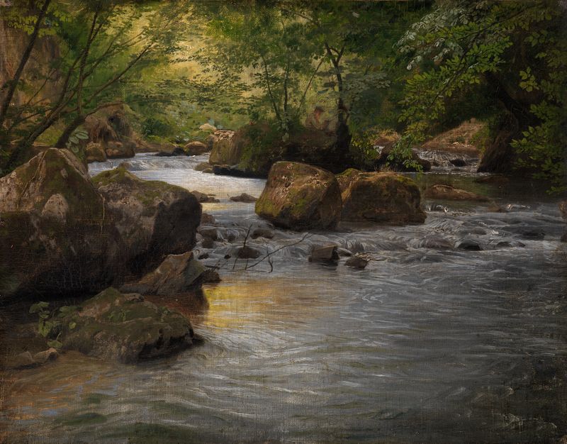 Bergbach mit sitzendem Maler de Johann Wilhelm Schirmer, pintura al óleo que muestra una figura junto a un arroyo.