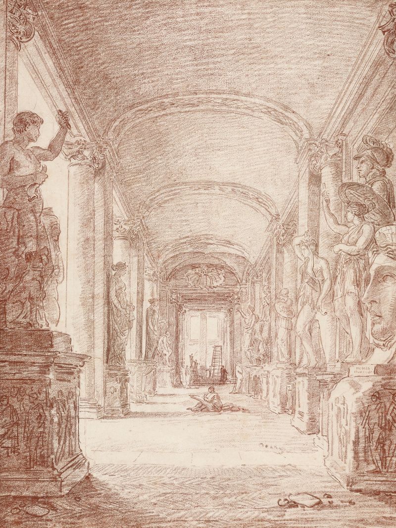 Um Desenhista na Galeria Capitolina, óleo sobre tela de Hubert Robert
