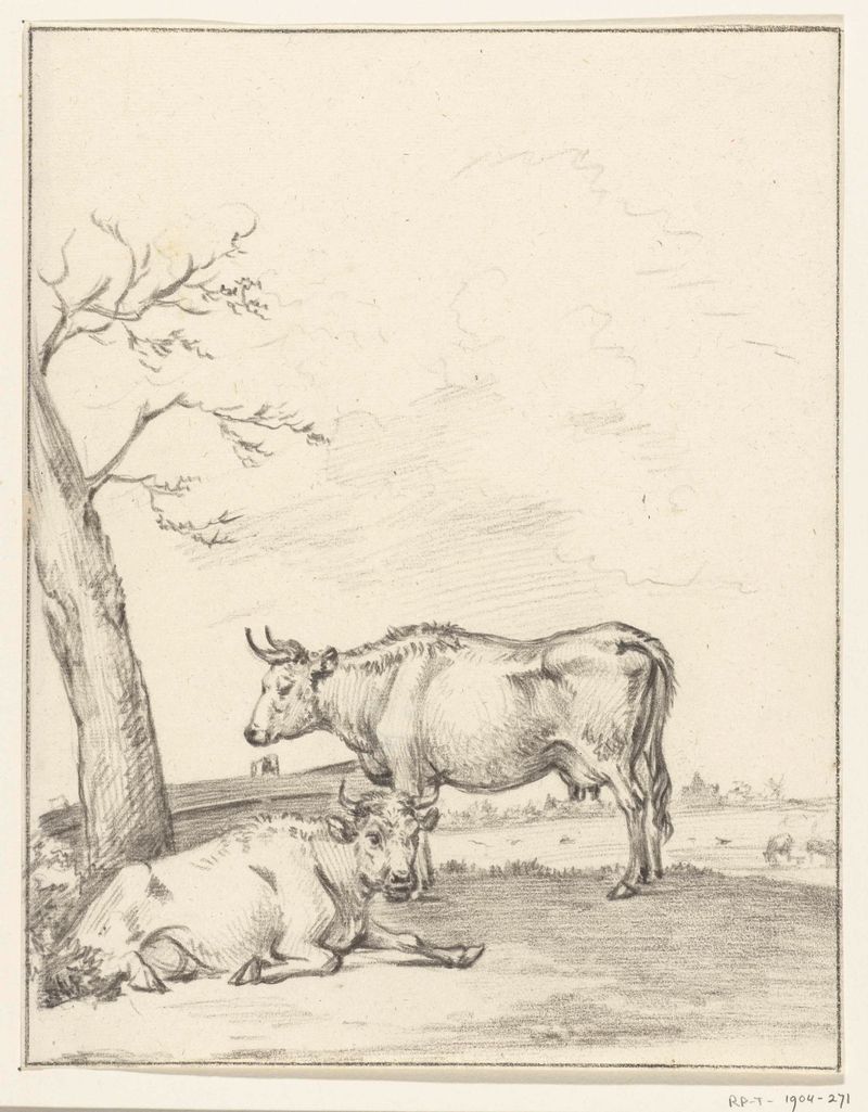 Dibujo de una vaca de pie y acostada en un paisaje rural de Jean Bernard