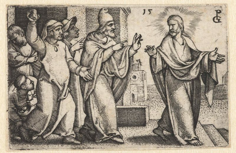 Grabado de Georg Pencz que muestra a los fariseos listos para apedrear a Cristo con luz dramática.