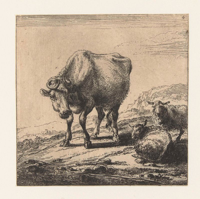 Grabado de Nicolaes Pietersz Berchem con una vaca y dos ovejas en un paisaje pastoral