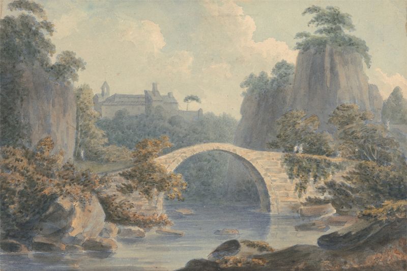 River Landscape with a Single Arched Bridge, pintura al óleo de John Warwick Smith