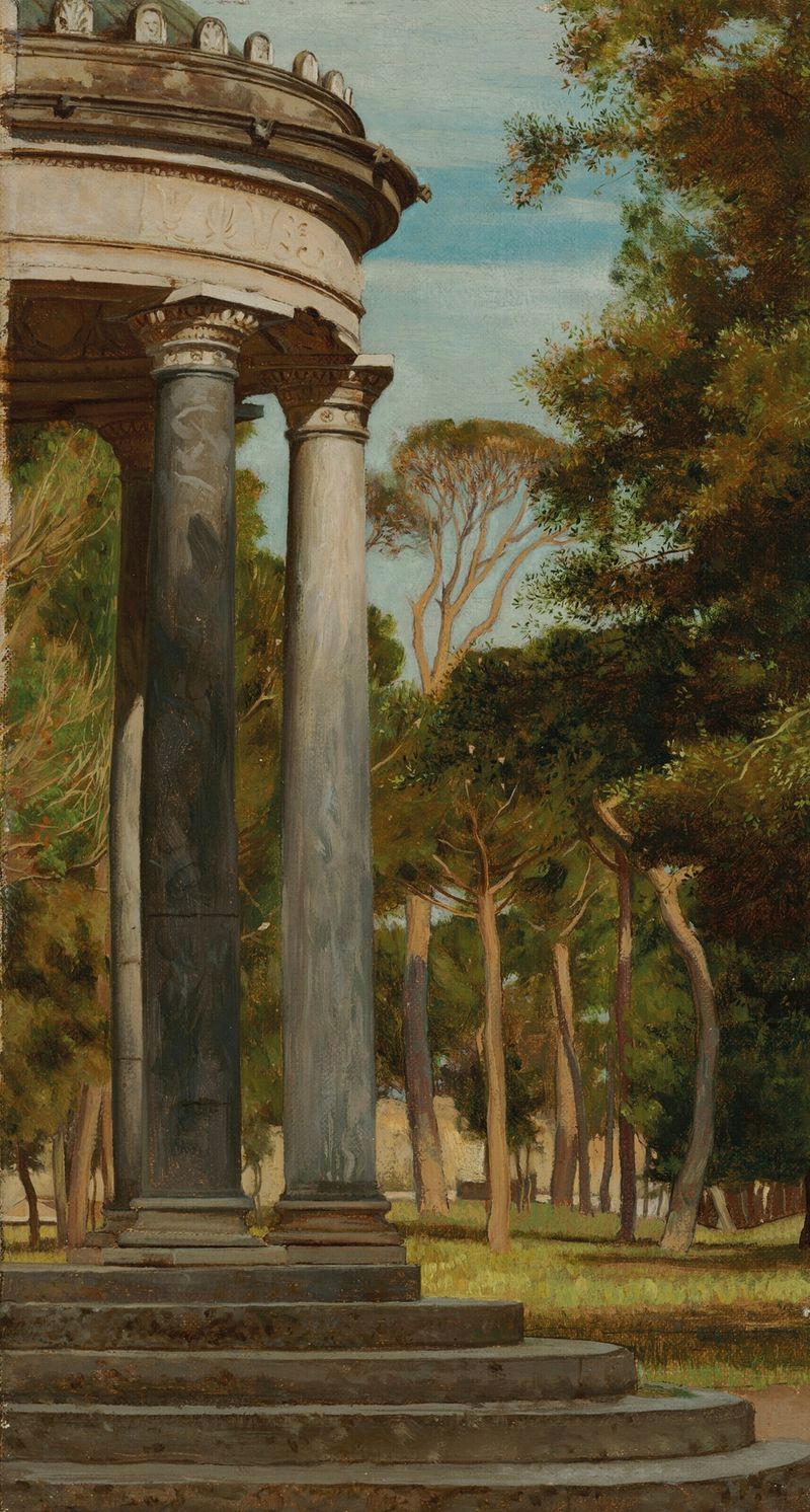 Templo en los Jardines Borghese, Roma de Mathew Ridley Corbet, óleo sobre lienzo, escena al atardecer con silueta.