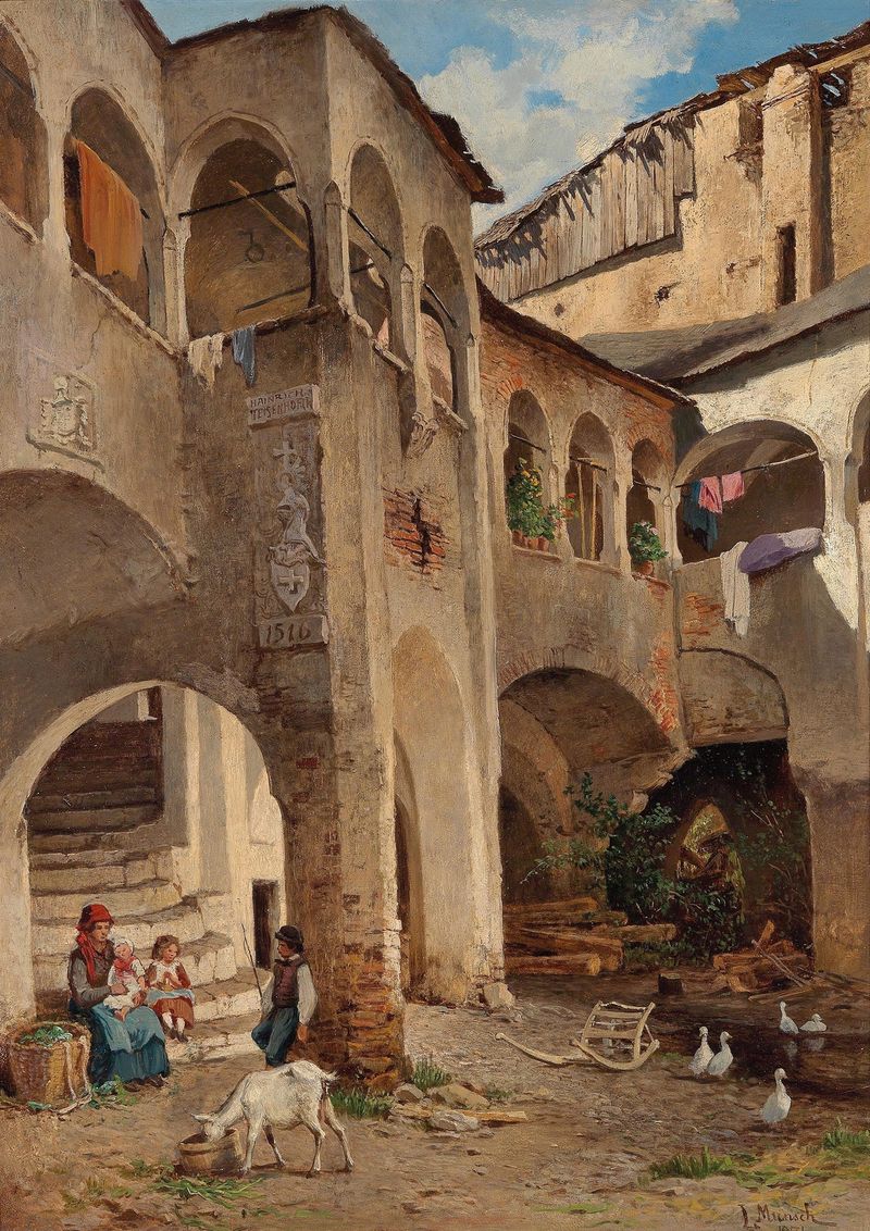 Escena interior con un patio, pintura al óleo de Leopold Munsch