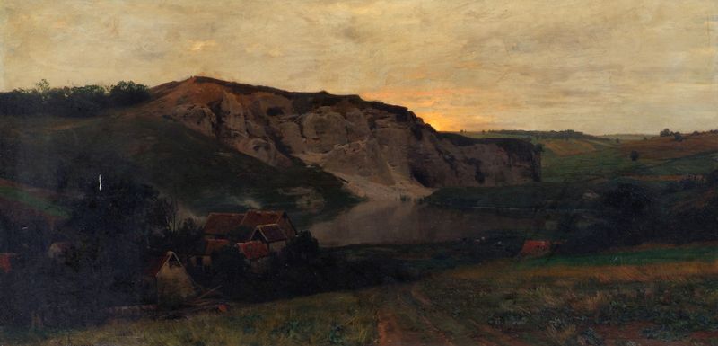Felslandschaft mit Weiher de Konrad Ludwig Lessing, óleo sobre tela que retrata um lago tranquilo e rochas íngremes.