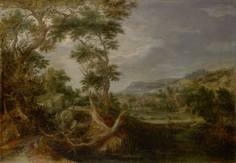 Swampy valley landscape with a castle on a hill by Gillis Claesz. de Hondecoeter, oil painting
