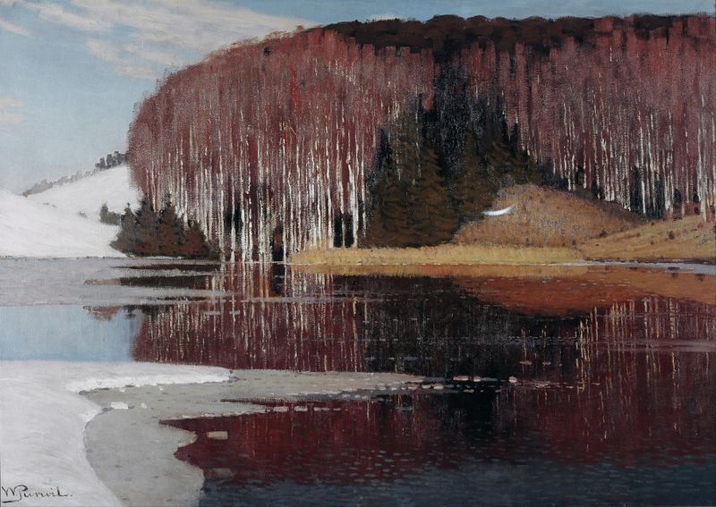 Spring Waters oil painting by Vilhelms Purvītis depicting serene water reflections and vibrant colors.