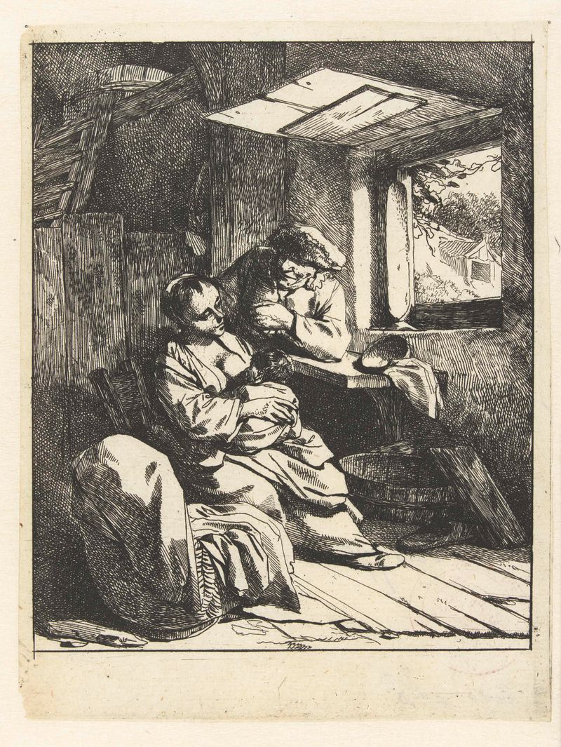 Interior scene with mother, child, and father, etching by Cornelis Pietersz. Bega