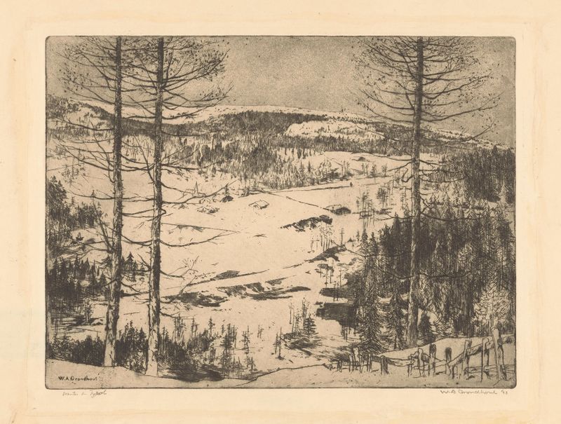 Winter in Tyrol de Willem Adrianus Grondhout, óleo sobre tela retratando uma paisagem nevada com montanhas.