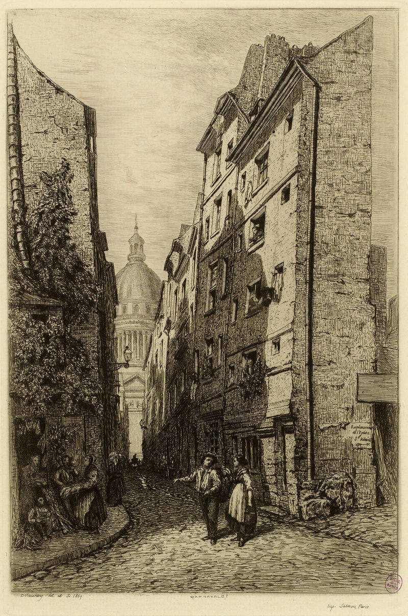 Urban street scene with cobblestones by Alfred Alexandre Delauney, oil painting