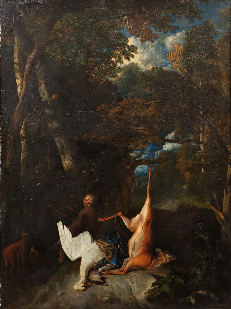 Genre scene depicting a hunter with a trophy, oil painting by Pieter Andreas Rysbrack