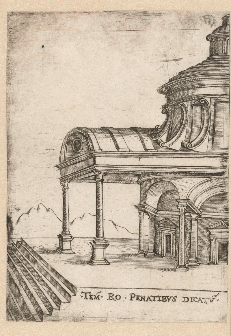 Gravura do exterior de um templo clássico de Unknown Artist