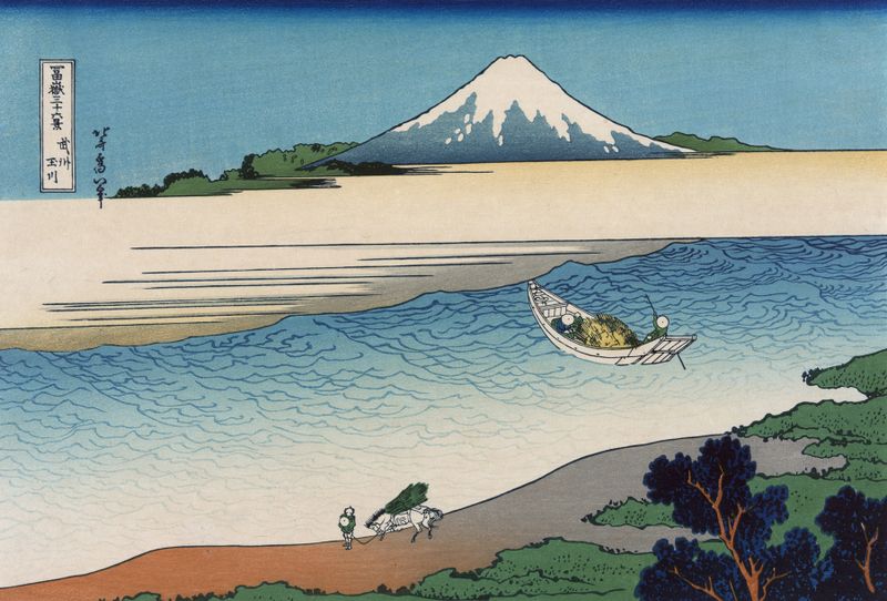 Xilogravura de Katsushika Hokusai mostrando um rio, flores de cerejeira e ondas suaves.