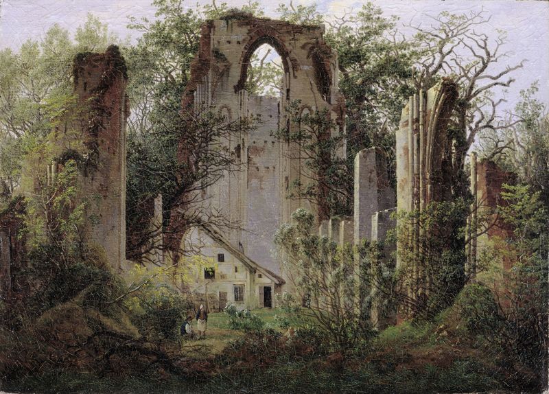 Monastery ruin Eldena de Caspar David Friedrich, óleo sobre tela representando ruínas e natureza