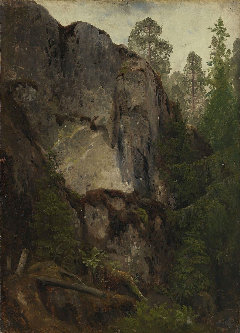 Estudo de um Ravina de August Cappelen, óleo sobre tela representando penhascos e céus azuis.