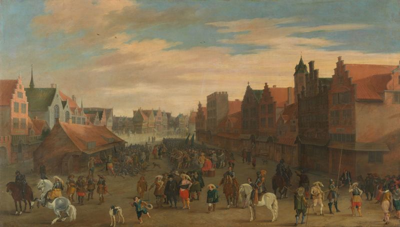 Historical scene of merchants and soldiers in oil on canvas by Pauwels van Hillegaert