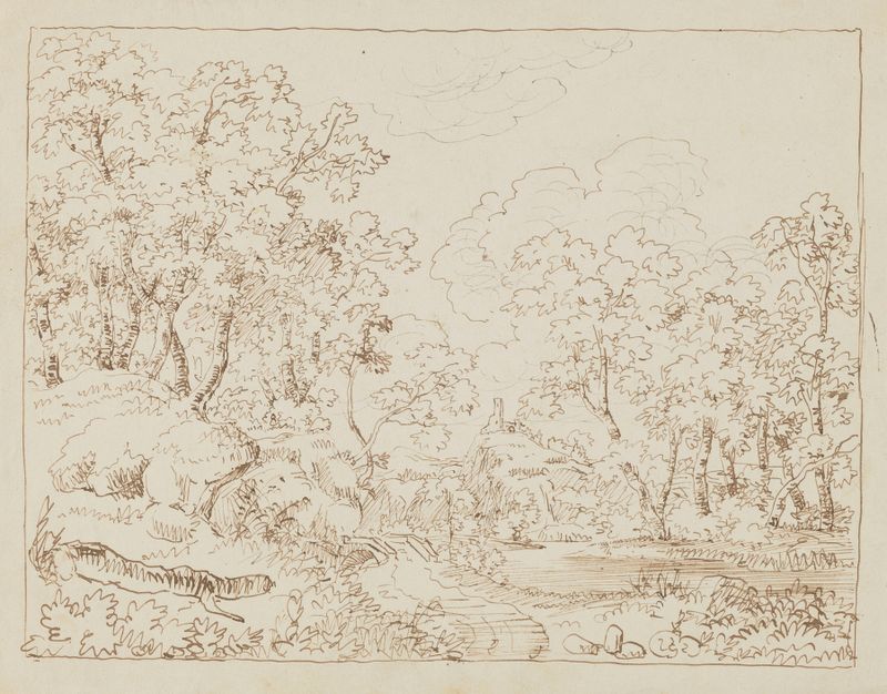Paisagem com um rio, árvores e um castelo de Arthur Blaschnik, pintura a óleo