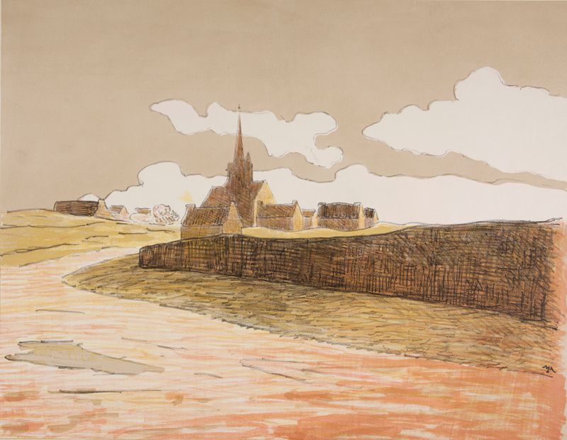 Notre-Dame de la Clarté de Maxime Maufra, óleo sobre lienzo que representa una iglesia con luz solar y vitrales.