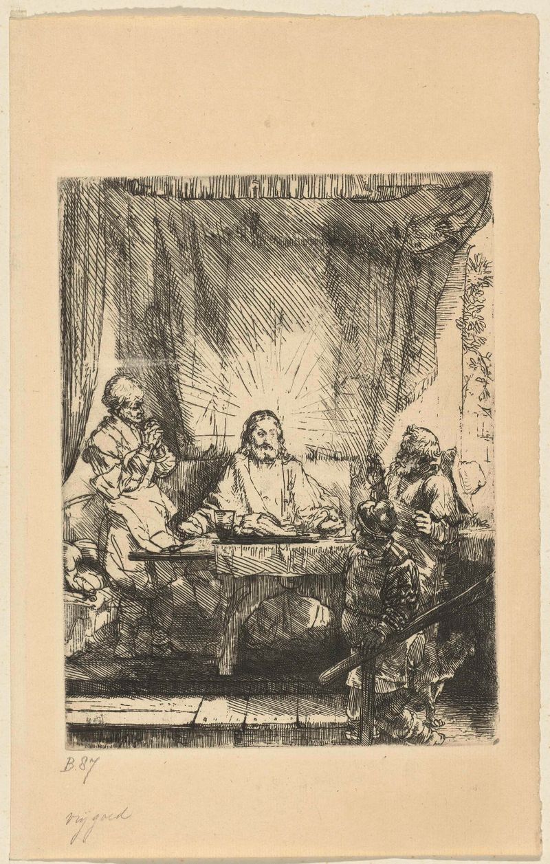 Cristo en Emmaús, grabado de Rembrandt van Rijn, con una figura luminosa y sombras profundas