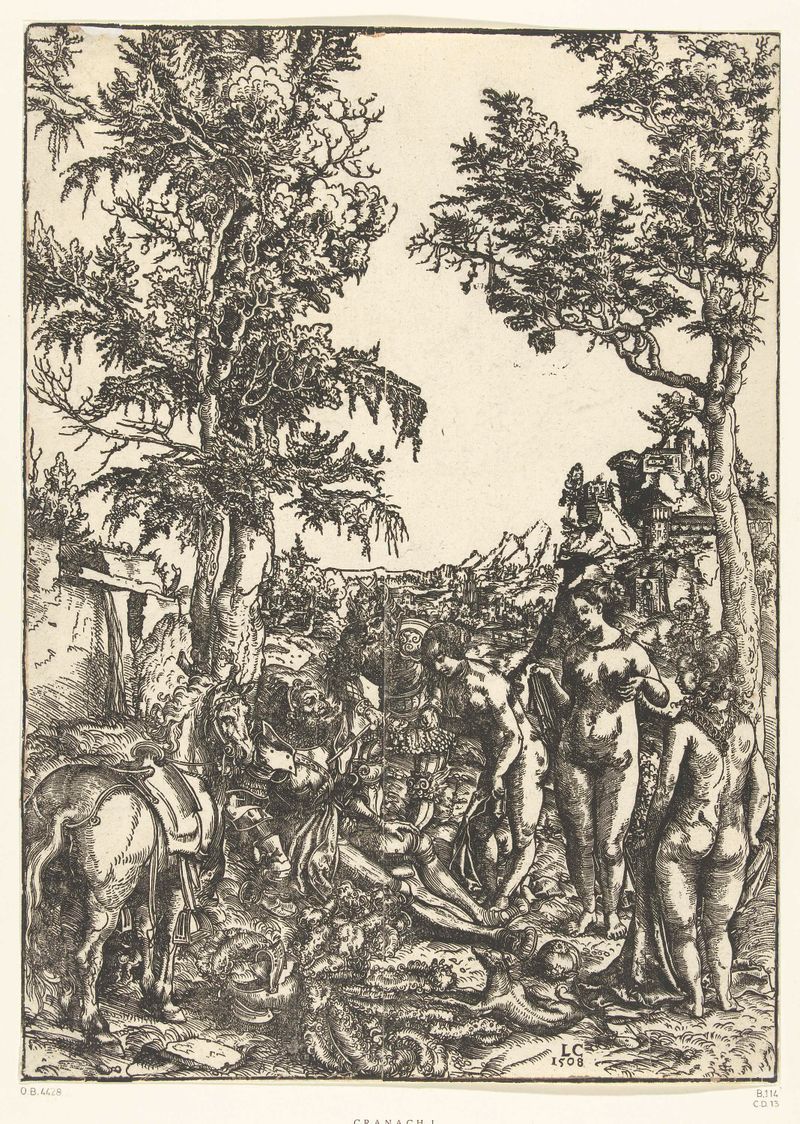 Oordeel van Paris de Lucas Cranach, 1508, papel, retrata Paris com deusas em ricos tecidos e luz.
