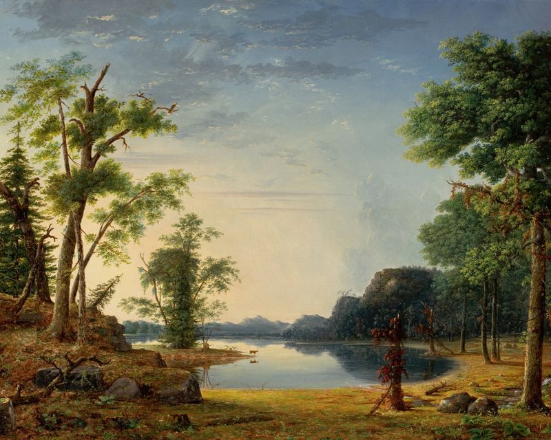 Paisagem com um caminho ensolarado em uma floresta por Nelson Augustus Moore, pintura a óleo