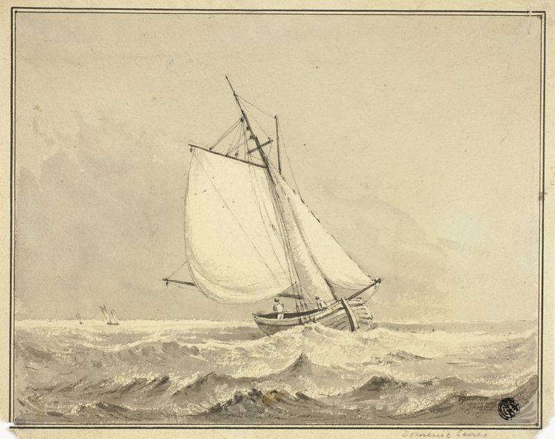 Veleiro no Mar de Dominic Serres, pintura a óleo que retrata um veleiro navegando no oceano sob a luz do sol.