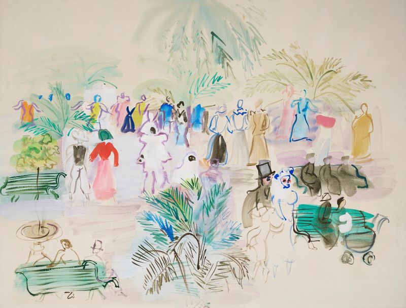 Escena de género con figuras enmascaradas en colores vibrantes, óleo sobre lienzo de Raoul Dufy