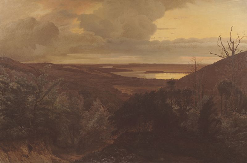 Late Evening near Himmelbjerget, Jutland by Vilhelm Kyhn, oil painting depicting tranquil hills and water