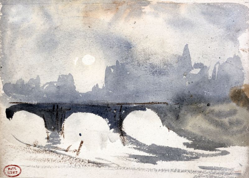 Winter landscape along the Seine featuring Pont Neuf by Paul Huet, oil painting