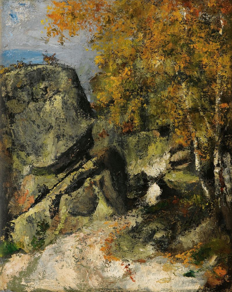 Rochers Dans La Fôret, Fontainebleau de Paul Cezanne, óleo sobre lienzo que muestra rocas en un bosque frondoso.