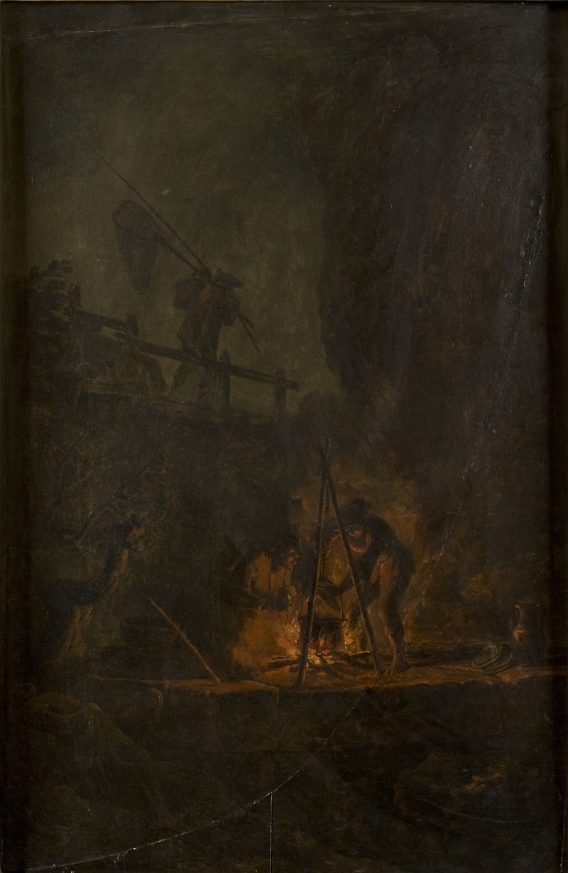 Genre scene depicting men around a campfire in the mountains, oil painting by Pierre-Jacques Volaire