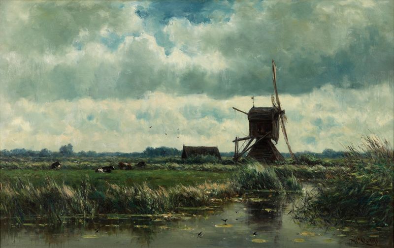 Polder landscape with windmill near Abcoude by Willem Roelofs, oil painting