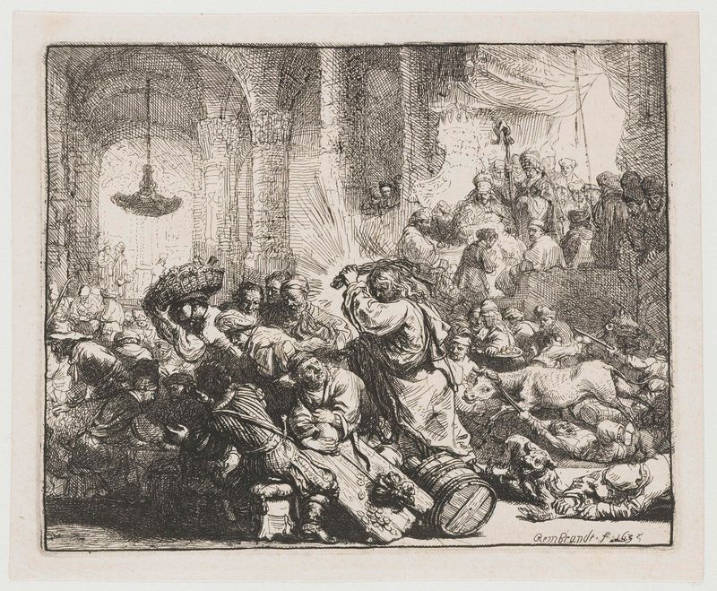 Cristo expulsando a los cambistas del templo, grabado de Rembrandt van Rijn