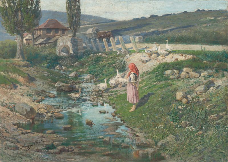 Landscape with a shepherdess tending geese, oil painting by Vojtech Angyal
