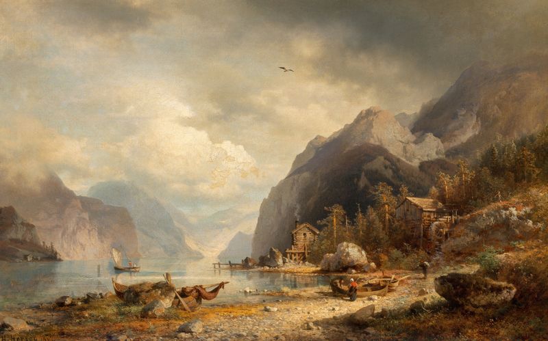 Fishing Village de Hermann Ottomar Herzog, óleo que representa una escena costera con barcos.