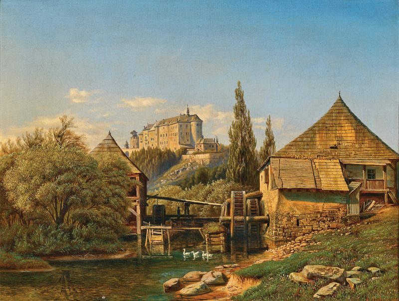 A river scene with a weir and Český Šternberk Castle in the background, oil on canvas by Anton Liehm.
