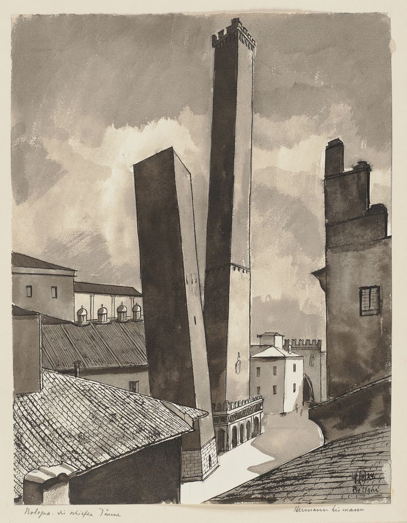 Oil on canvas by Hermann Lismann depicting the towers Garisenda and Asinelli in Bologna