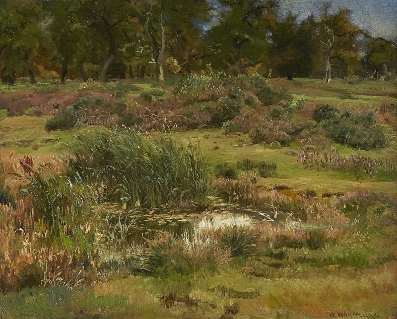 Landscape depicting a sheep pasture with trees and soft light by Worthington Whittredge, oil painting